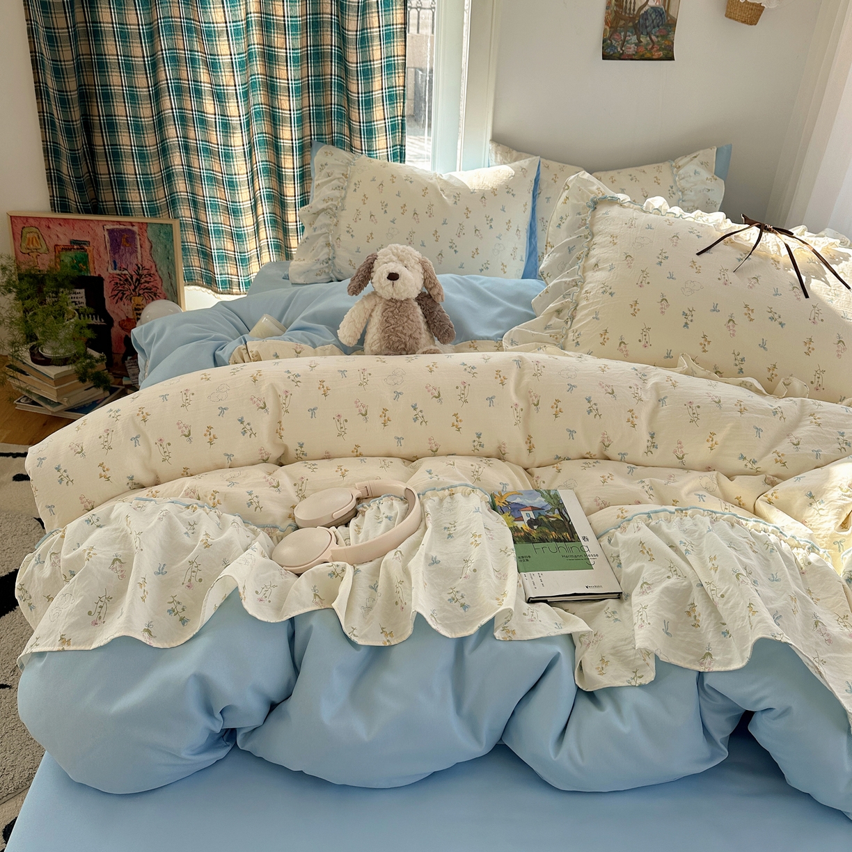 91家纺网 家纺一手货源 找家纺 凯洛奇 2026新款A类仿棉云朵棉蝴蝶结花边四件套（提供买家秀） 浅蓝甜梦