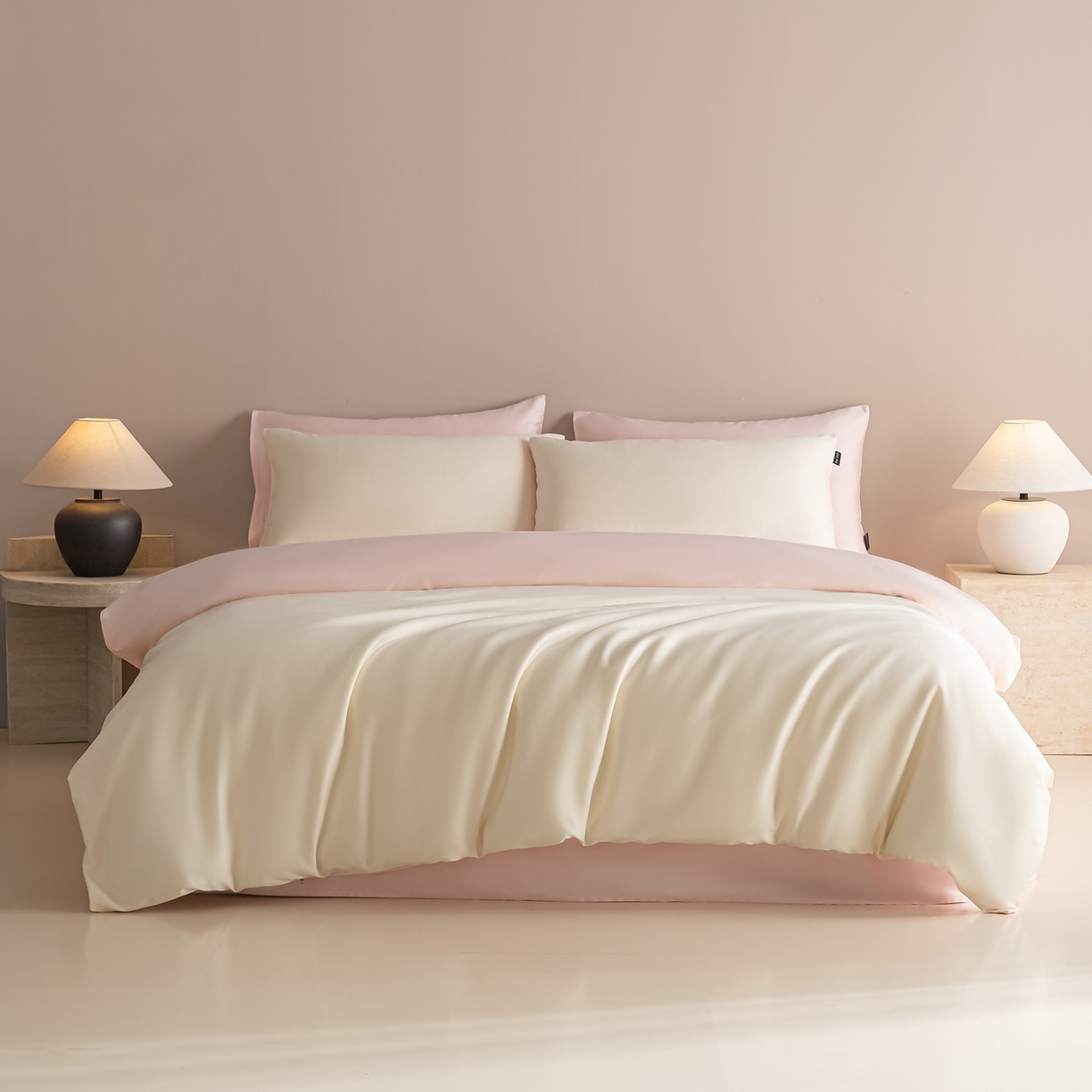 卧趣家纺 2026新款A类轻奢双拼100Pro高支贡缎长绒棉全棉纯棉四件套 流苏白+珊瑚粉