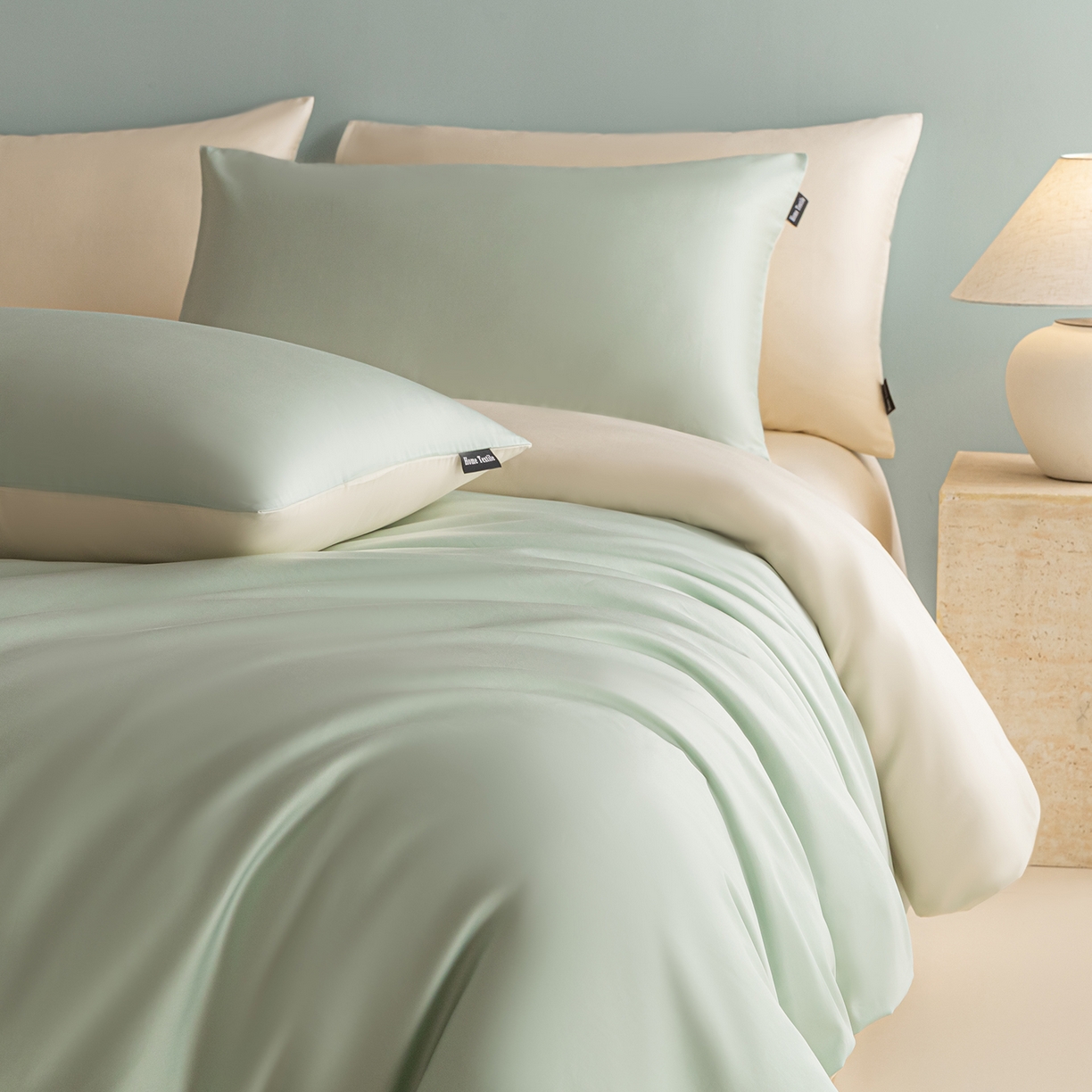 91家纺网 家纺一手货源 找家纺 卧趣家纺 2026新款A类轻奢双拼100Pro高支贡缎长绒棉全棉纯棉四件套 青柠绿+流苏白