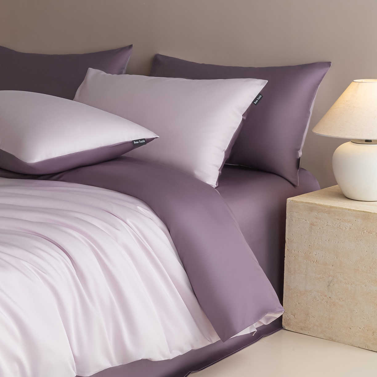 91家纺网 家纺一手货源 找家纺 卧趣家纺 2026新款A类轻奢双拼100Pro高支贡缎长绒棉全棉纯棉四件套 玫瑰紫+香芋紫