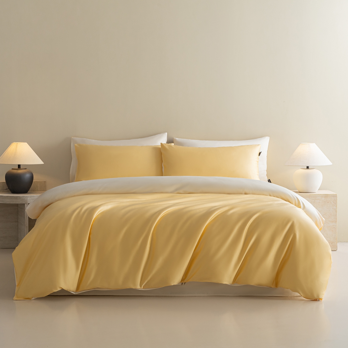 卧趣家纺 2026新款A类轻奢双拼100Pro高支贡缎长绒棉全棉纯棉四件套 布丁黄+流苏白