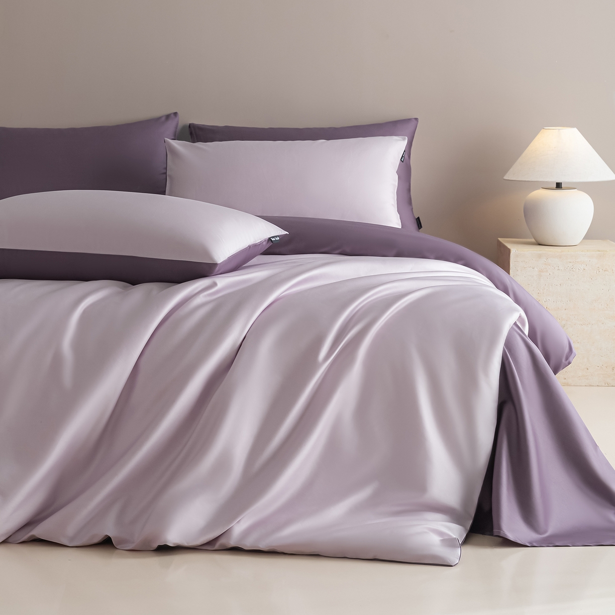 91家纺网 家纺一手货源 找家纺 卧趣家纺 2026新款A类轻奢双拼100Pro高支贡缎长绒棉全棉纯棉四件套 玫瑰紫+香芋紫