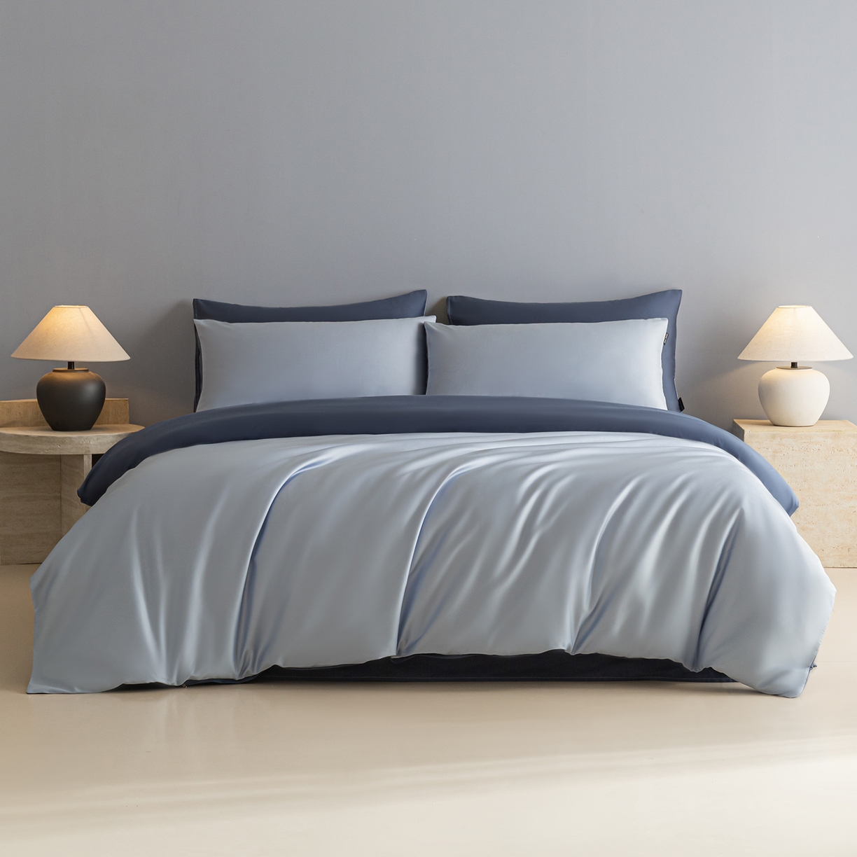 卧趣家纺 2026新款A类轻奢双拼100Pro高支贡缎长绒棉全棉纯棉四件套 冰川蓝+天青蓝