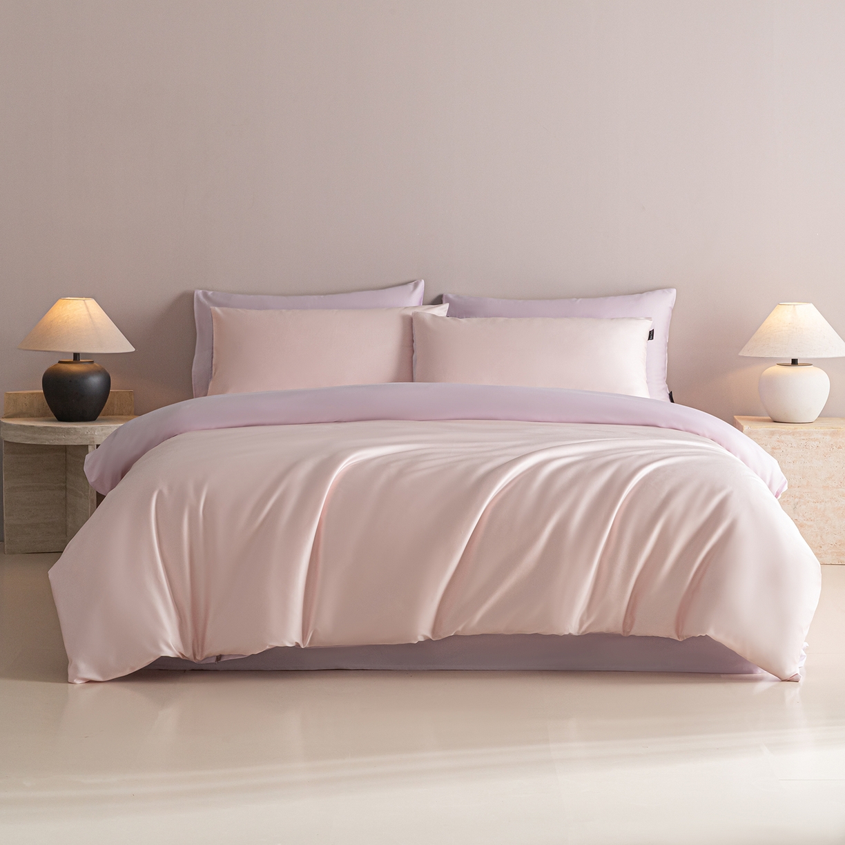 卧趣家纺 2026新款A类轻奢双拼100Pro高支贡缎长绒棉全棉纯棉四件套 珊瑚粉+香芋紫