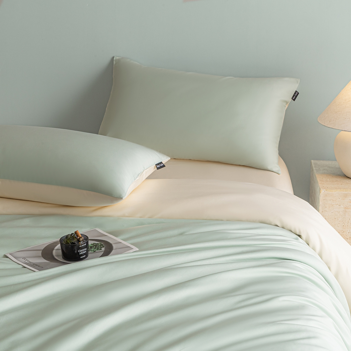 91家纺网 家纺一手货源 找家纺 卧趣家纺 2026新款A类轻奢双拼100Pro高支贡缎长绒棉全棉纯棉四件套 青柠绿+流苏白