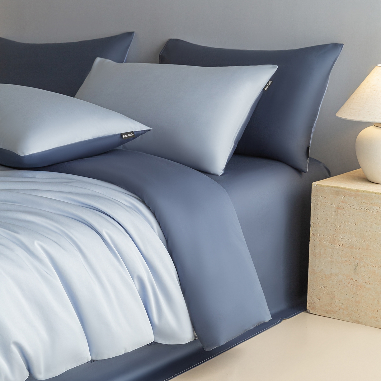 91家纺网 家纺一手货源 找家纺 卧趣家纺 2026新款A类轻奢双拼100Pro高支贡缎长绒棉全棉纯棉四件套 冰川蓝+天青蓝