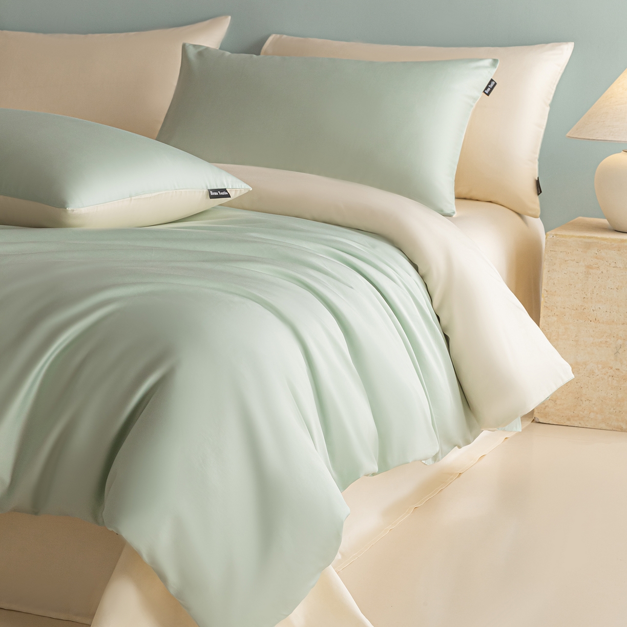 91家纺网 家纺一手货源 找家纺 卧趣家纺 2026新款A类轻奢双拼100Pro高支贡缎长绒棉全棉纯棉四件套 青柠绿+流苏白