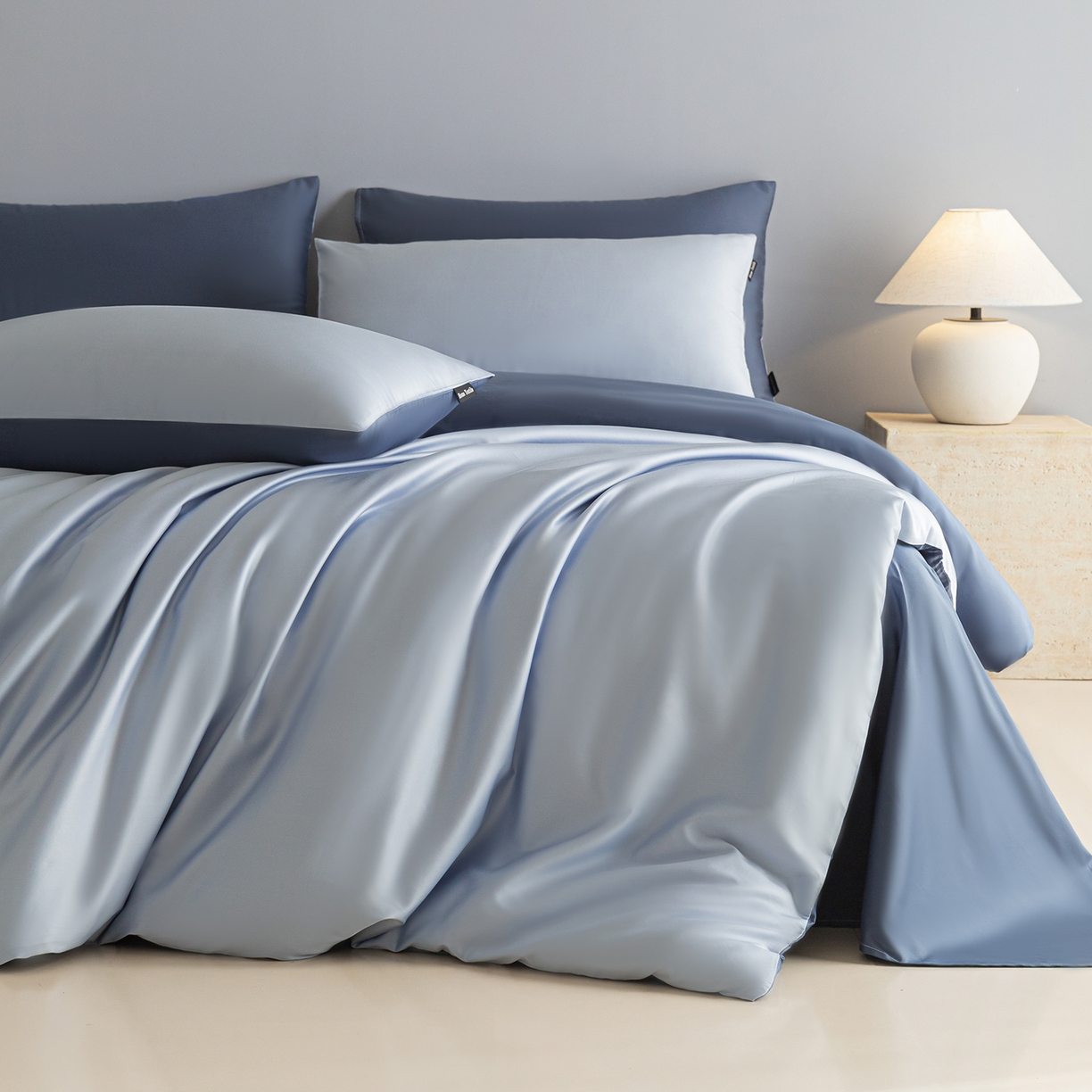 91家纺网 家纺一手货源 找家纺 卧趣家纺 2026新款A类轻奢双拼100Pro高支贡缎长绒棉全棉纯棉四件套 冰川蓝+天青蓝