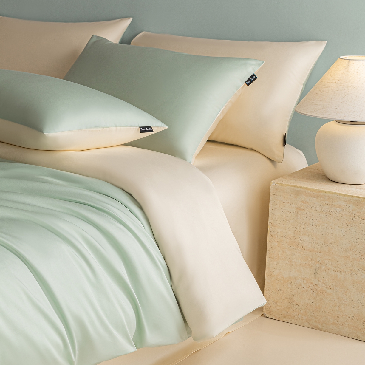 91家纺网 家纺一手货源 找家纺 卧趣家纺 2026新款A类轻奢双拼100Pro高支贡缎长绒棉全棉纯棉四件套 青柠绿+流苏白