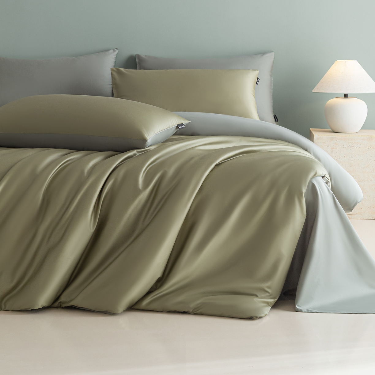 91家纺网 家纺一手货源 找家纺 卧趣家纺 2026新款A类轻奢双拼100Pro高支贡缎长绒棉全棉纯棉四件套 樱草绿+晴水绿