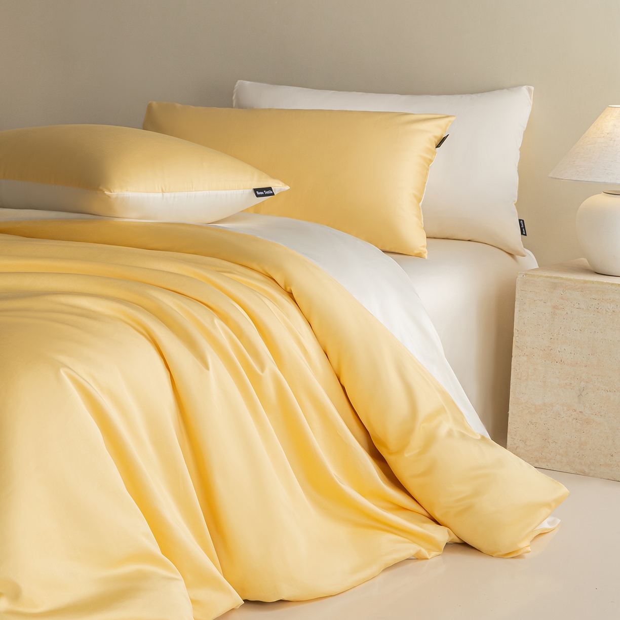 91家纺网 家纺一手货源 找家纺 卧趣家纺 2026新款A类轻奢双拼100Pro高支贡缎长绒棉全棉纯棉四件套 布丁黄+流苏白
