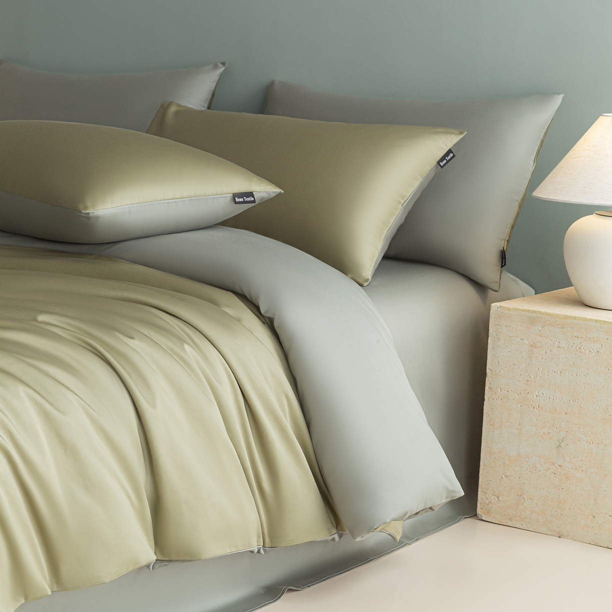 91家纺网 家纺一手货源 找家纺 卧趣家纺 2026新款A类轻奢双拼100Pro高支贡缎长绒棉全棉纯棉四件套 樱草绿+晴水绿