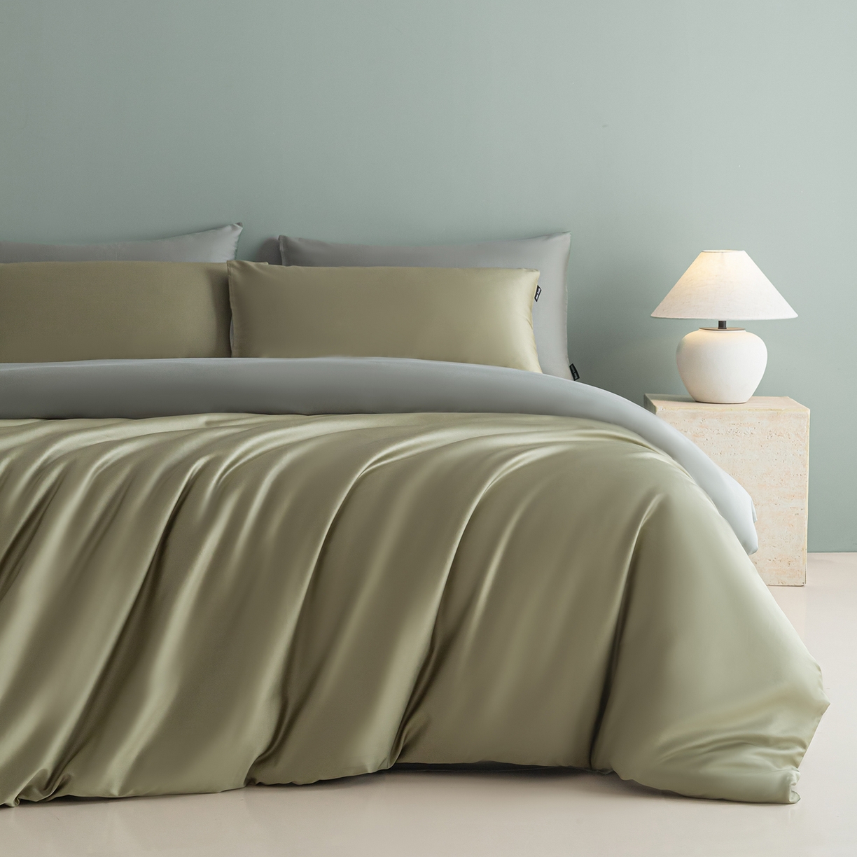 91家纺网 家纺一手货源 找家纺 卧趣家纺 2026新款A类轻奢双拼100Pro高支贡缎长绒棉全棉纯棉四件套 樱草绿+晴水绿