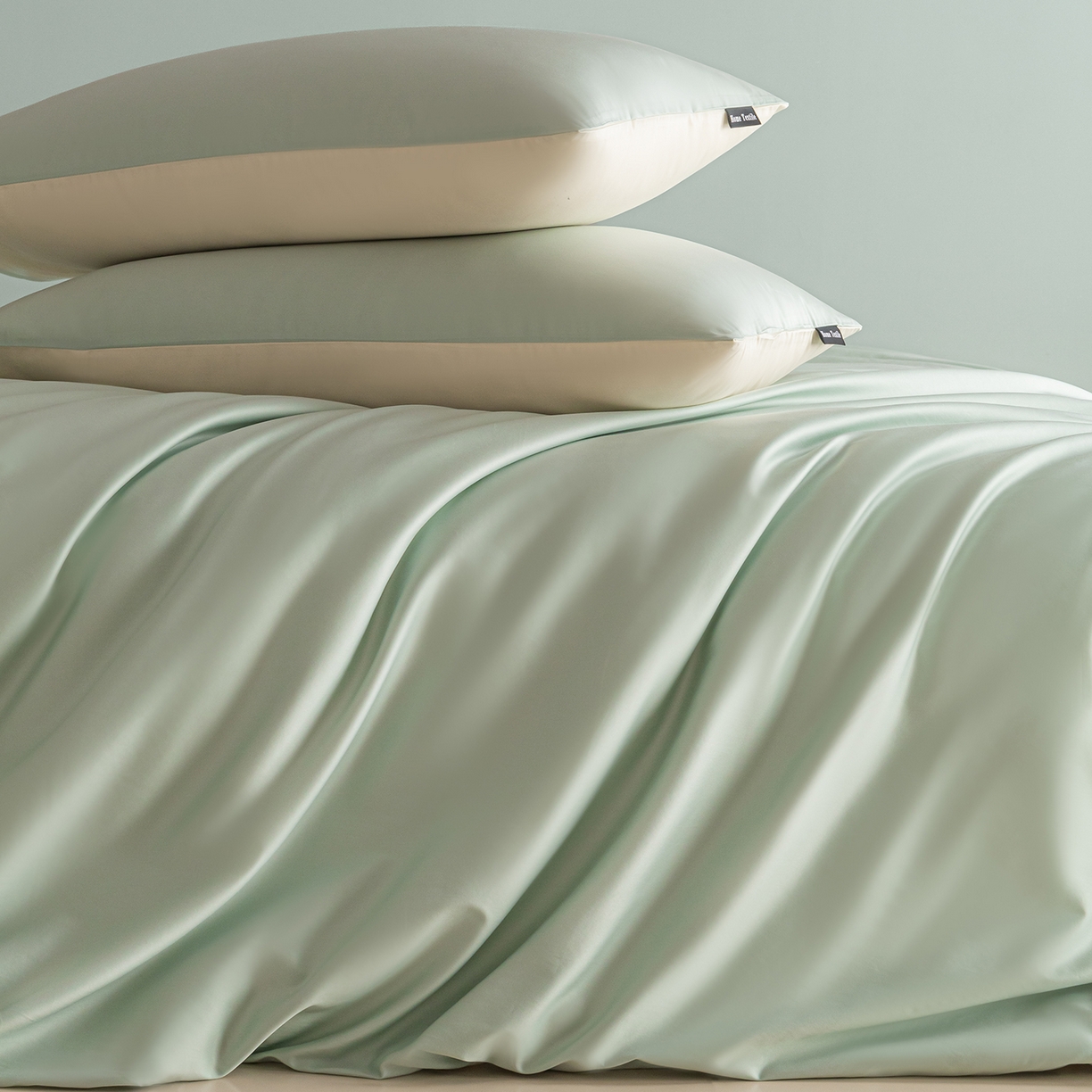 91家纺网 家纺一手货源 找家纺 卧趣家纺 2026新款A类轻奢双拼100Pro高支贡缎长绒棉全棉纯棉四件套 青柠绿+流苏白