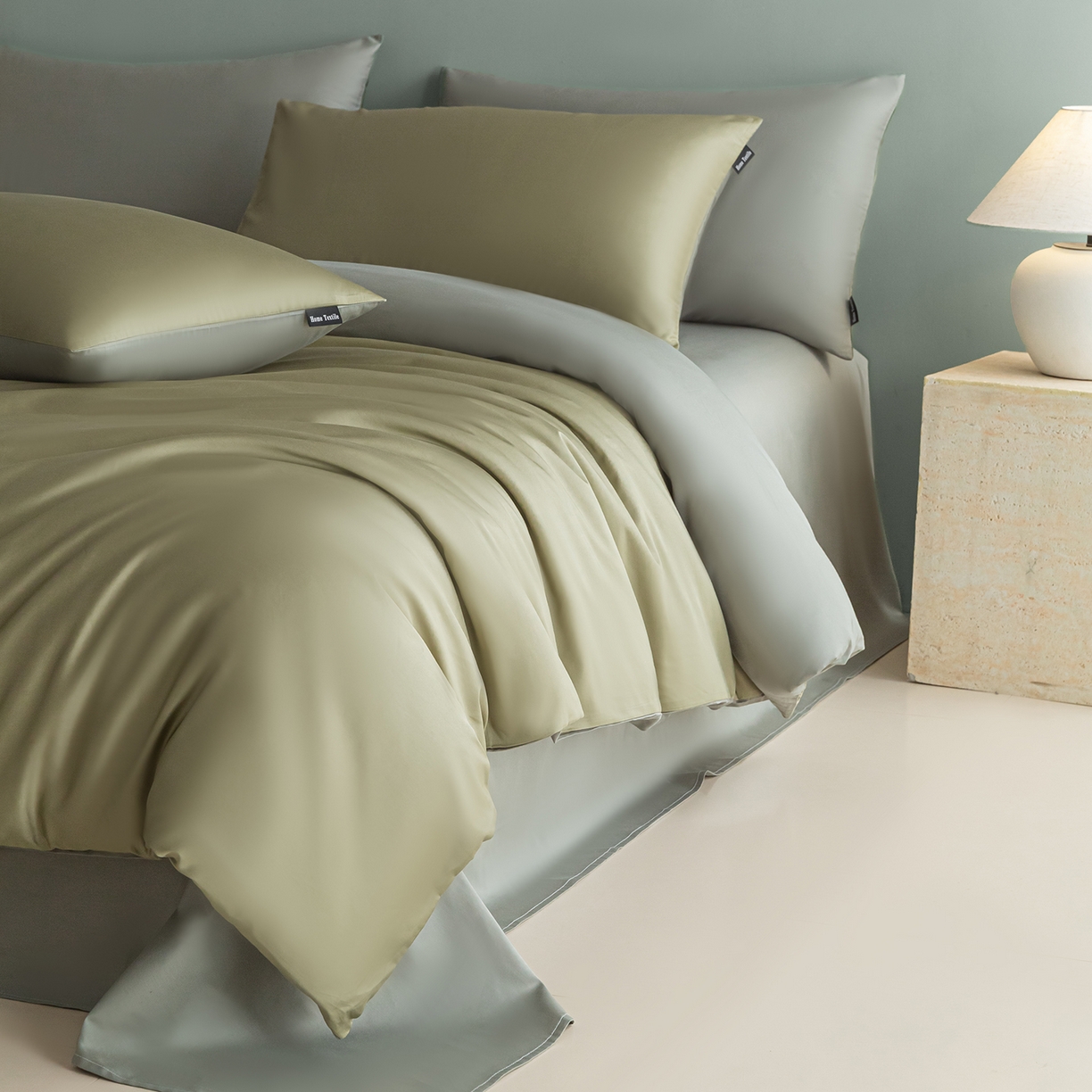 91家纺网 家纺一手货源 找家纺 卧趣家纺 2026新款A类轻奢双拼100Pro高支贡缎长绒棉全棉纯棉四件套 樱草绿+晴水绿