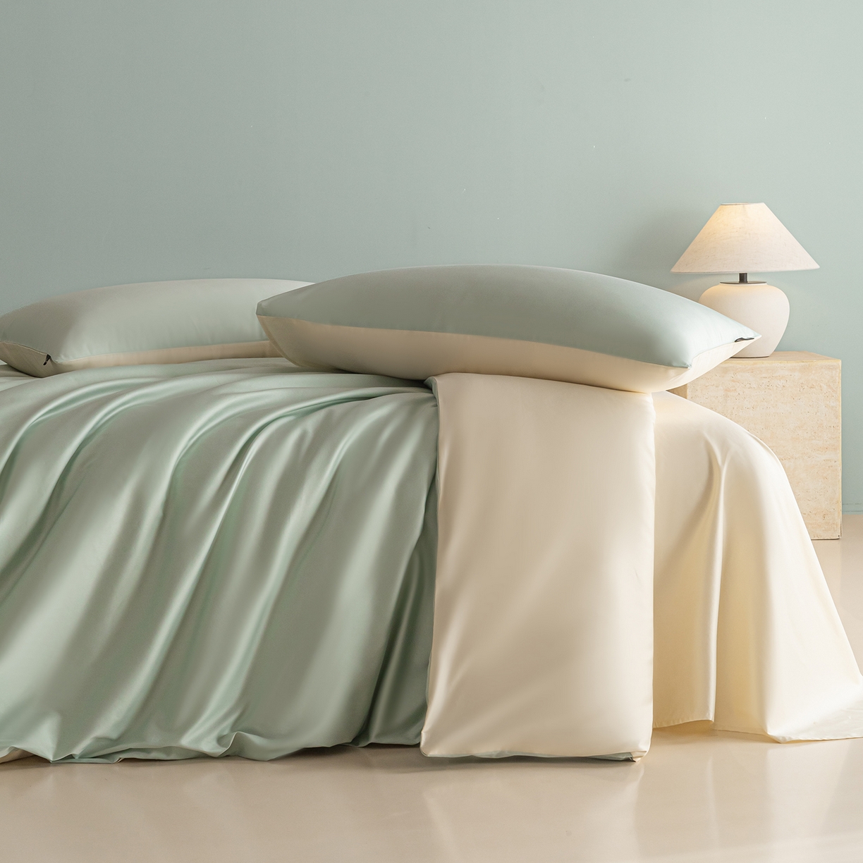 91家纺网 家纺一手货源 找家纺 卧趣家纺 2026新款A类轻奢双拼100Pro高支贡缎长绒棉全棉纯棉四件套 青柠绿+流苏白