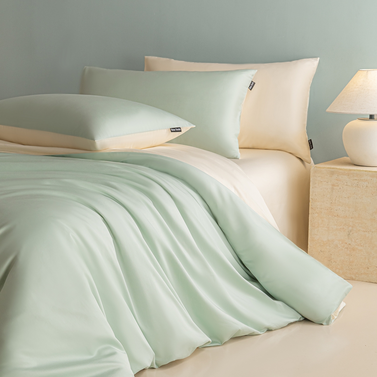 91家纺网 家纺一手货源 找家纺 卧趣家纺 2026新款A类轻奢双拼100Pro高支贡缎长绒棉全棉纯棉四件套 青柠绿+流苏白