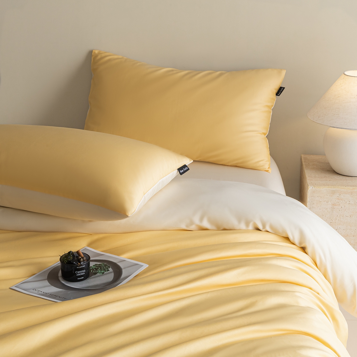 91家纺网 家纺一手货源 找家纺 卧趣家纺 2026新款A类轻奢双拼100Pro高支贡缎长绒棉全棉纯棉四件套 布丁黄+流苏白