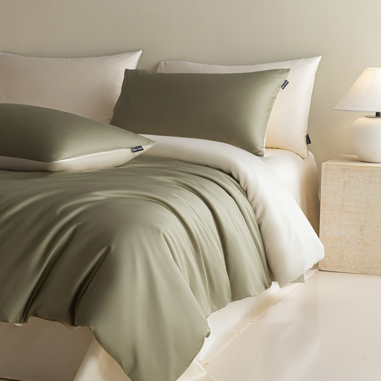 91家纺网 家纺一手货源 找家纺 卧趣家纺 2026新款A类轻奢双拼100Pro高支贡缎长绒棉全棉纯棉四件套 樱草绿+流苏白