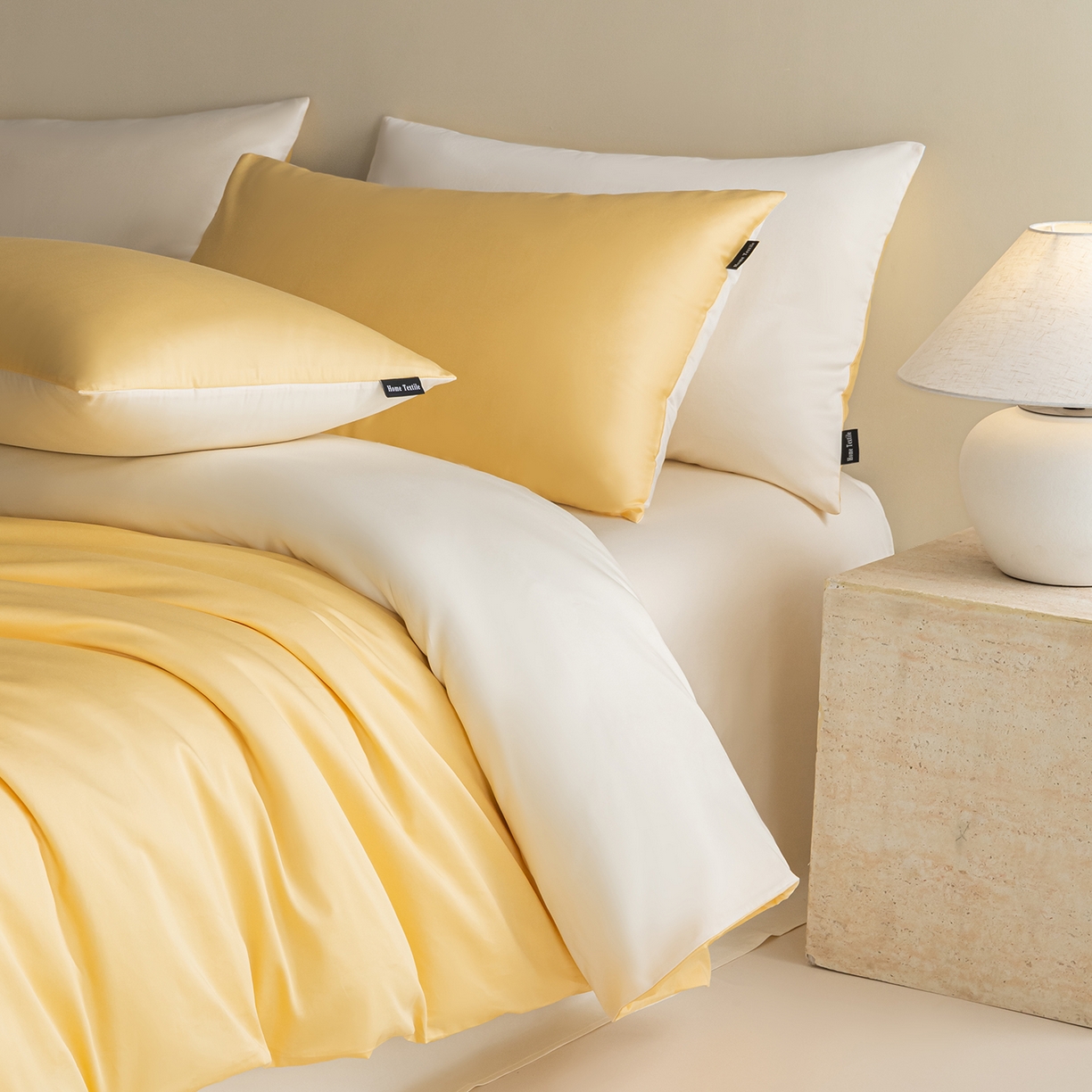 91家纺网 家纺一手货源 找家纺 卧趣家纺 2026新款A类轻奢双拼100Pro高支贡缎长绒棉全棉纯棉四件套 布丁黄+流苏白