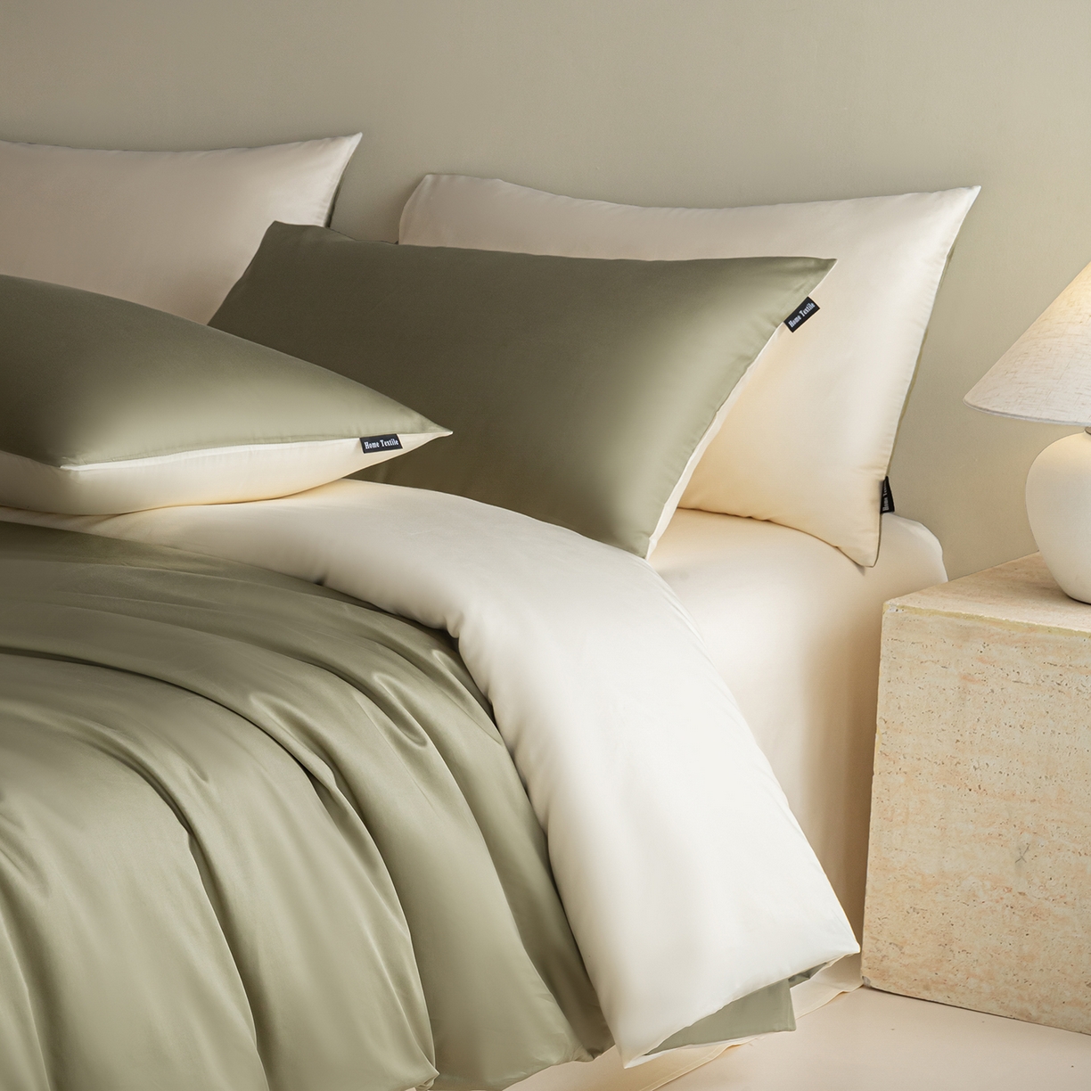 91家纺网 家纺一手货源 找家纺 卧趣家纺 2026新款A类轻奢双拼100Pro高支贡缎长绒棉全棉纯棉四件套 樱草绿+流苏白