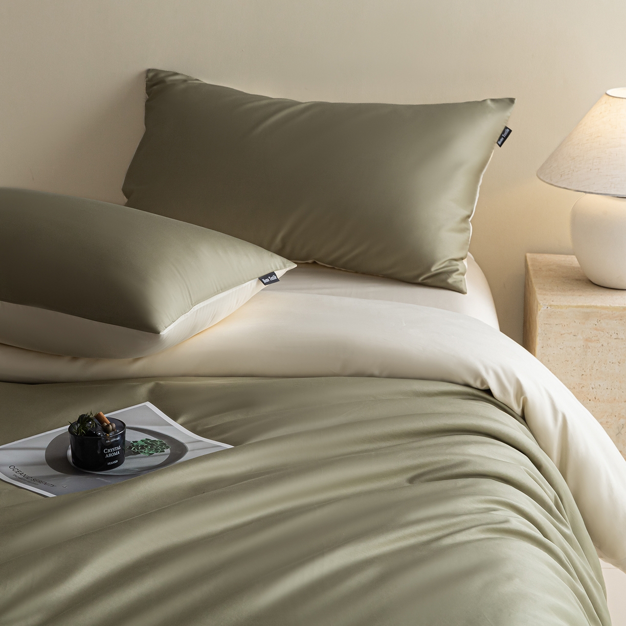 91家纺网 家纺一手货源 找家纺 卧趣家纺 2026新款A类轻奢双拼100Pro高支贡缎长绒棉全棉纯棉四件套 樱草绿+流苏白