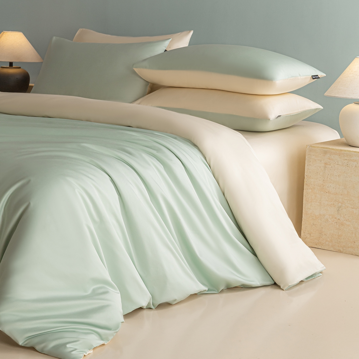 91家纺网 家纺一手货源 找家纺 卧趣家纺 2026新款A类轻奢双拼100Pro高支贡缎长绒棉全棉纯棉四件套 青柠绿+流苏白