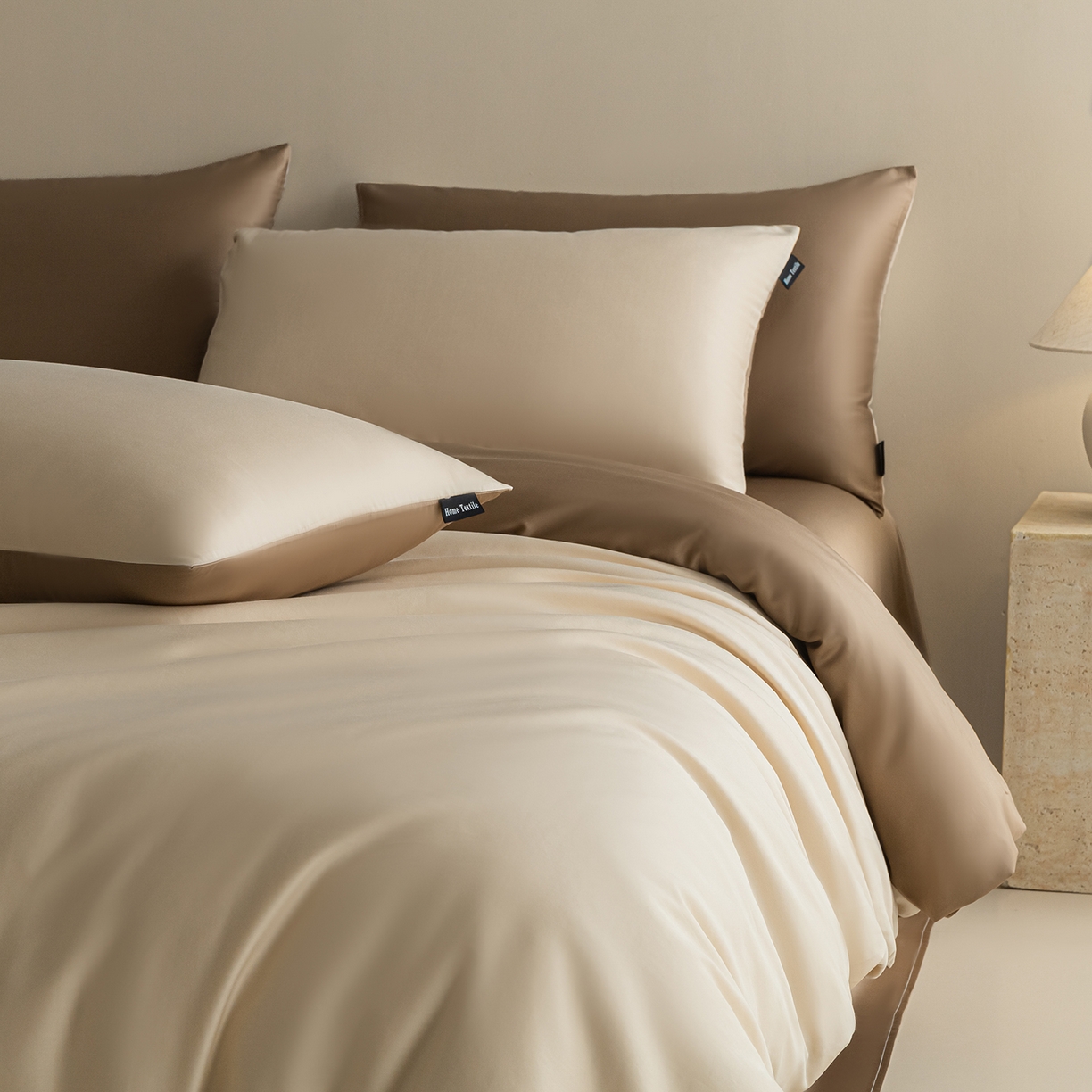 91家纺网 家纺一手货源 找家纺 卧趣家纺 2026新款A类轻奢双拼100Pro高支贡缎长绒棉全棉纯棉四件套 可可棕+咖啡棕