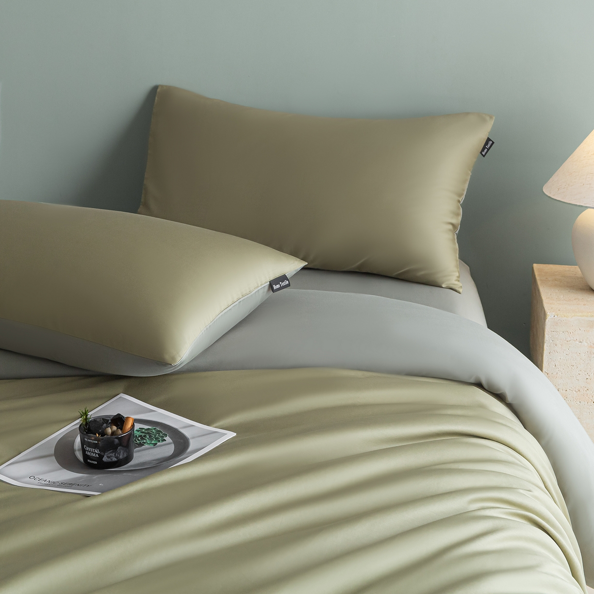 91家纺网 家纺一手货源 找家纺 卧趣家纺 2026新款A类轻奢双拼100Pro高支贡缎长绒棉全棉纯棉四件套 樱草绿+晴水绿