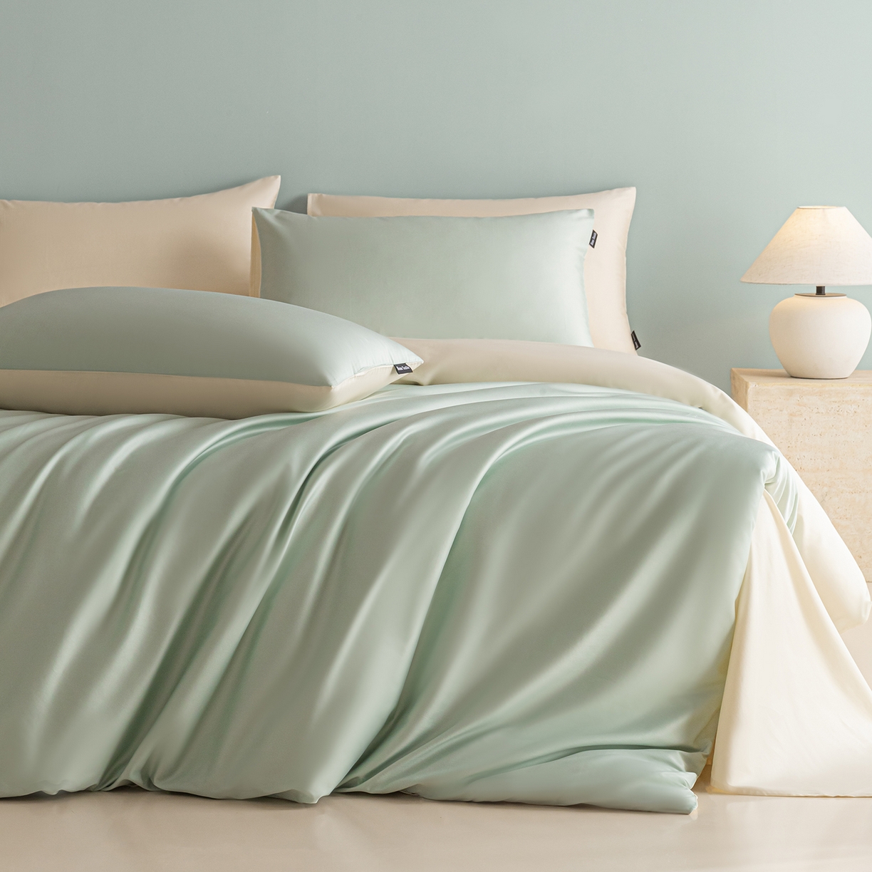 91家纺网 家纺一手货源 找家纺 卧趣家纺 2026新款A类轻奢双拼100Pro高支贡缎长绒棉全棉纯棉四件套 青柠绿+流苏白