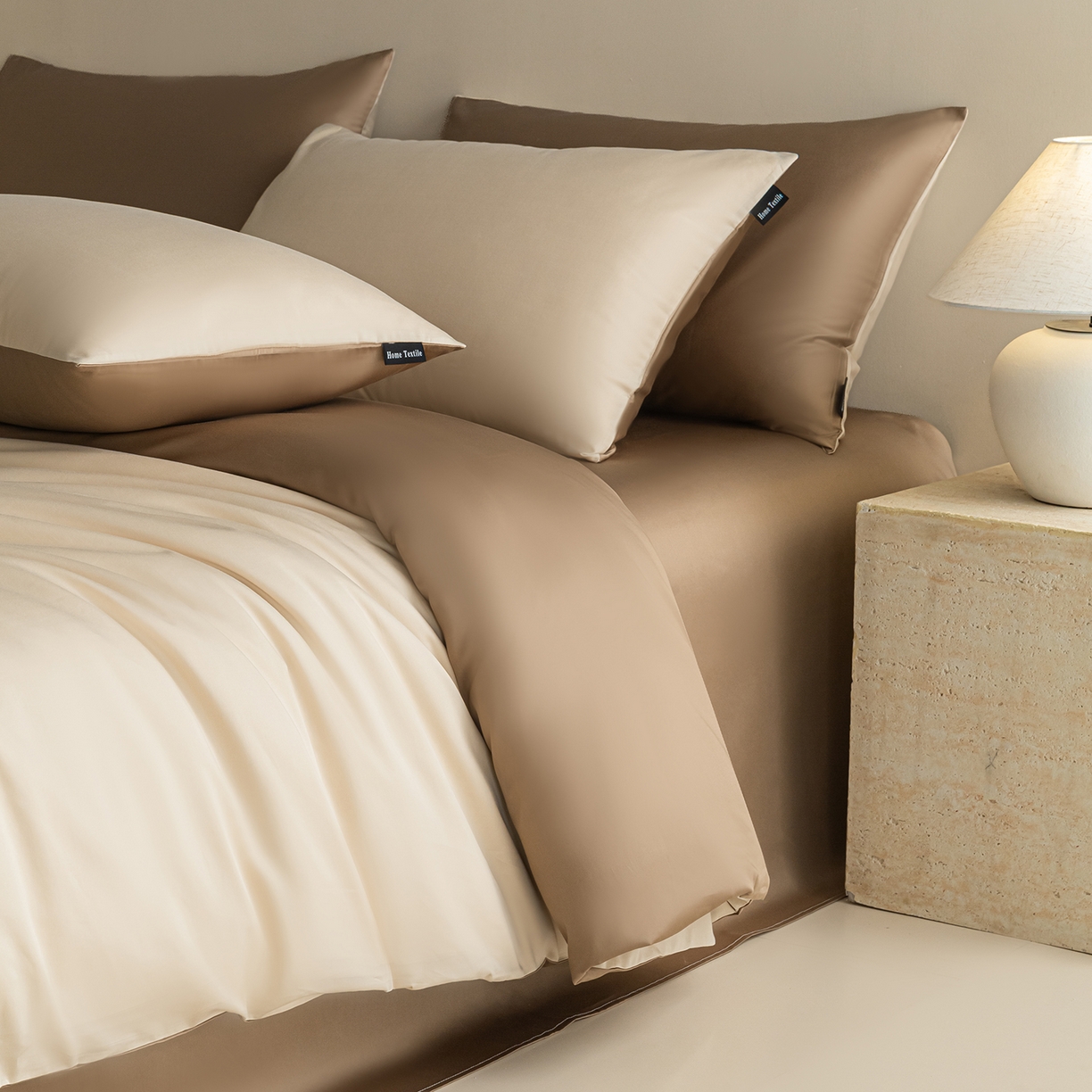 91家纺网 家纺一手货源 找家纺 卧趣家纺 2026新款A类轻奢双拼100Pro高支贡缎长绒棉全棉纯棉四件套 可可棕+咖啡棕