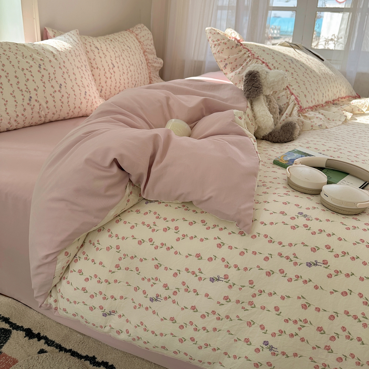 91家纺网 家纺一手货源 找家纺 凯洛奇 2026新款A类仿棉云朵棉蝴蝶结花边四件套（提供买家秀） 少女心事