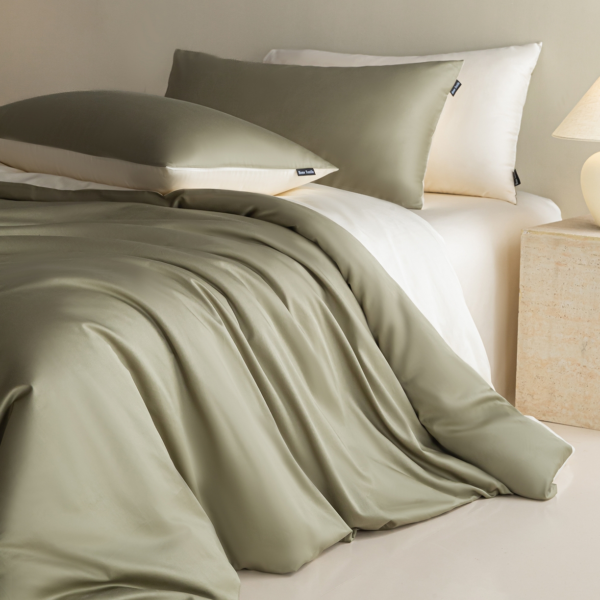 91家纺网 家纺一手货源 找家纺 卧趣家纺 2026新款A类轻奢双拼100Pro高支贡缎长绒棉全棉纯棉四件套 樱草绿+流苏白