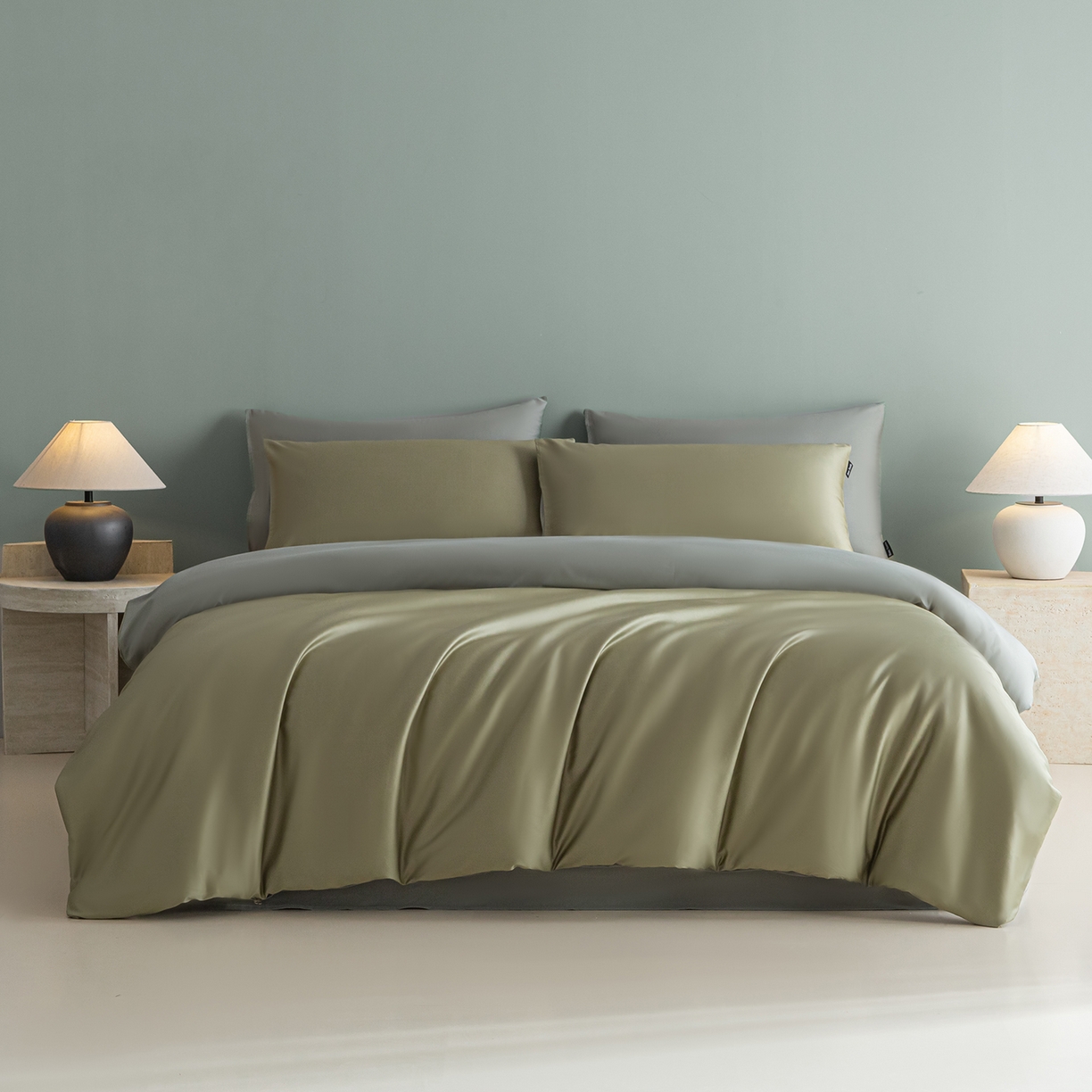卧趣家纺 2026新款A类轻奢双拼100Pro高支贡缎长绒棉全棉纯棉四件套 樱草绿+晴水绿