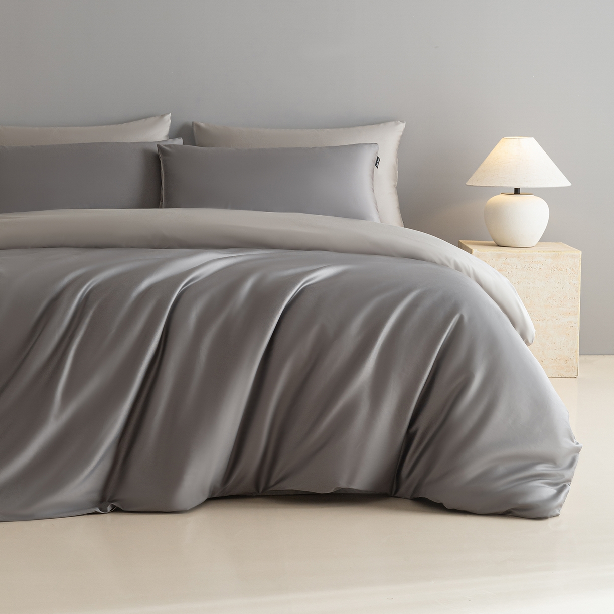 91家纺网 家纺一手货源 找家纺 卧趣家纺 2026新款A类轻奢双拼100Pro高支贡缎长绒棉全棉纯棉四件套 星夜灰+时空灰