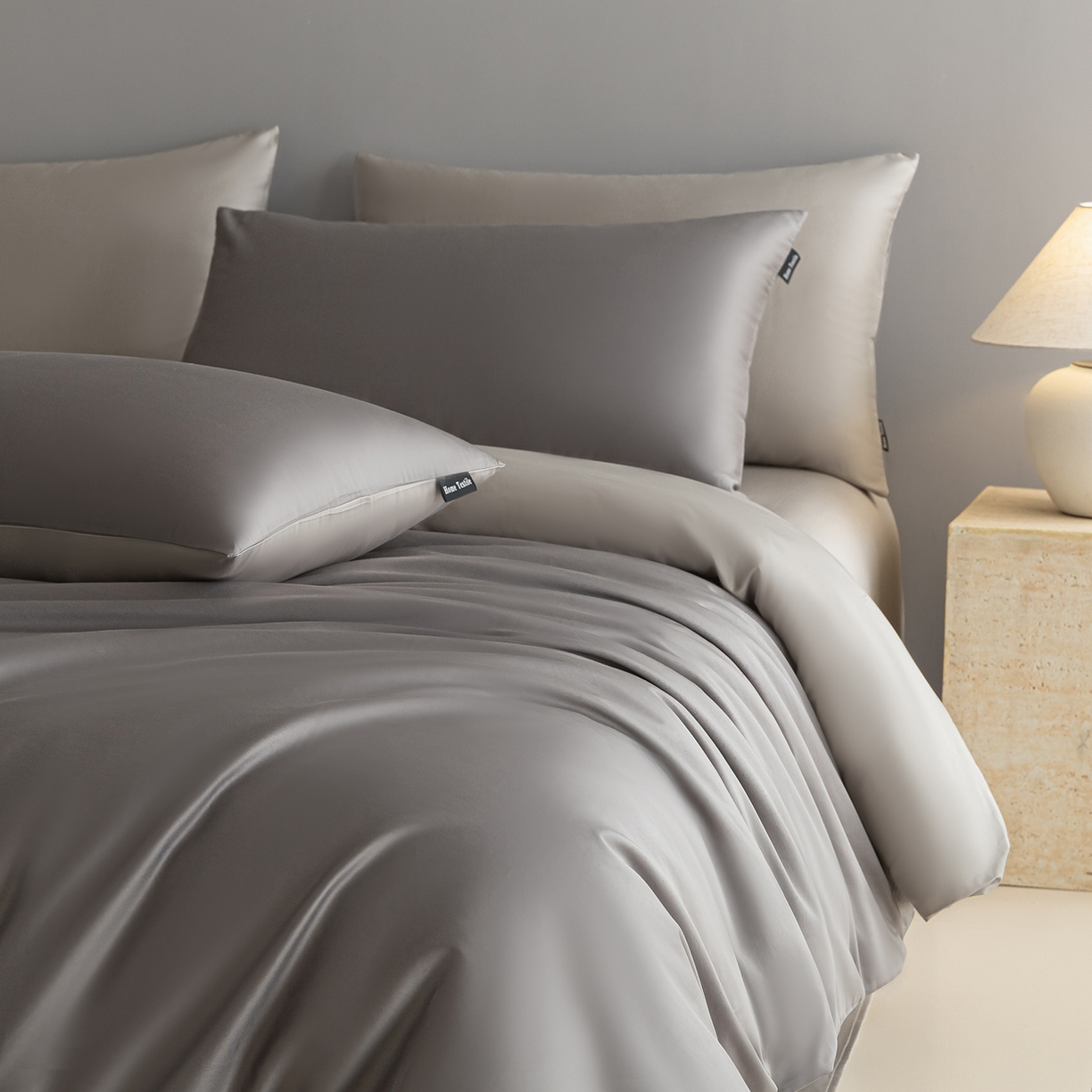 91家纺网 家纺一手货源 找家纺 卧趣家纺 2026新款A类轻奢双拼100Pro高支贡缎长绒棉全棉纯棉四件套 星夜灰+时空灰