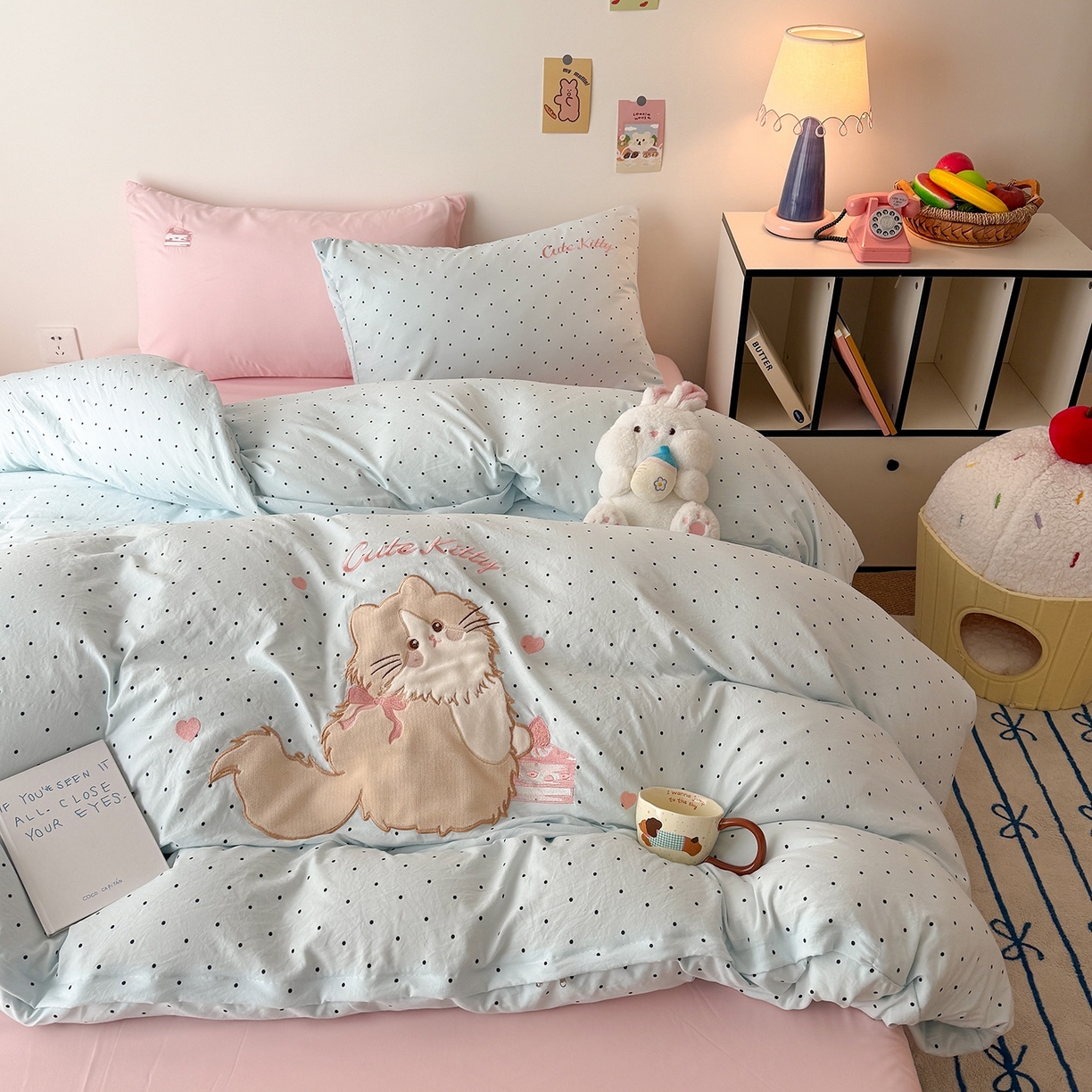 吾欢心 2026春夏新款水洗棉可爱卡通贴布绣花四件套夏被四件套 蛋糕猫酱