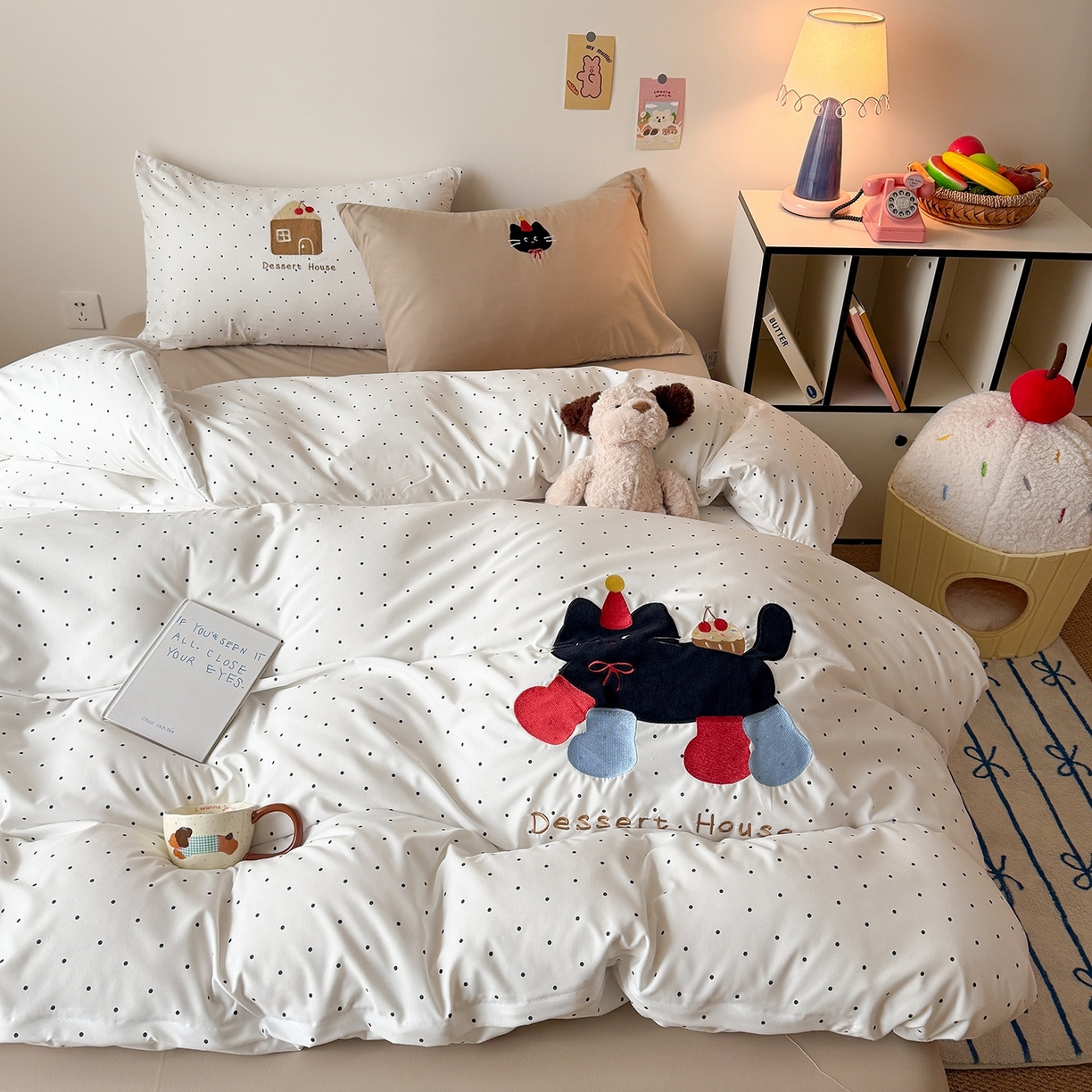 吾欢心 2026春夏新款水洗棉可爱卡通贴布绣花四件套夏被四件套 搞怪猫咪