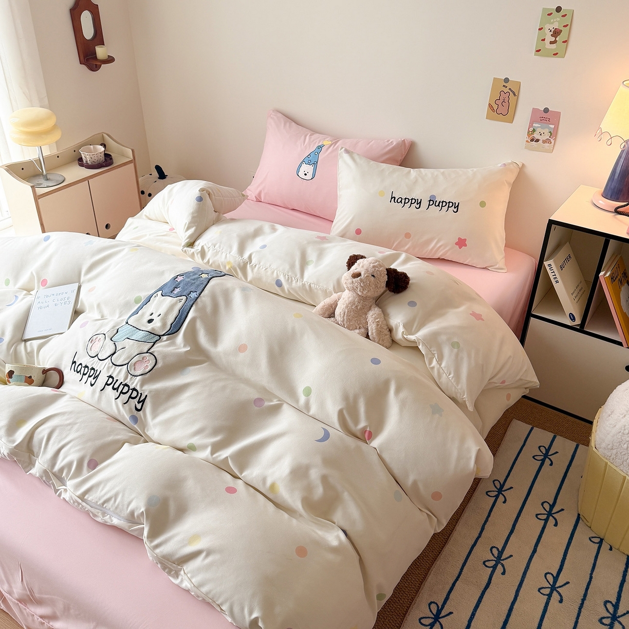 91家纺网 家纺一手货源 找家纺 吾欢心 2026春夏新款水洗棉可爱卡通贴布绣花四件套夏被四件套 开心露比