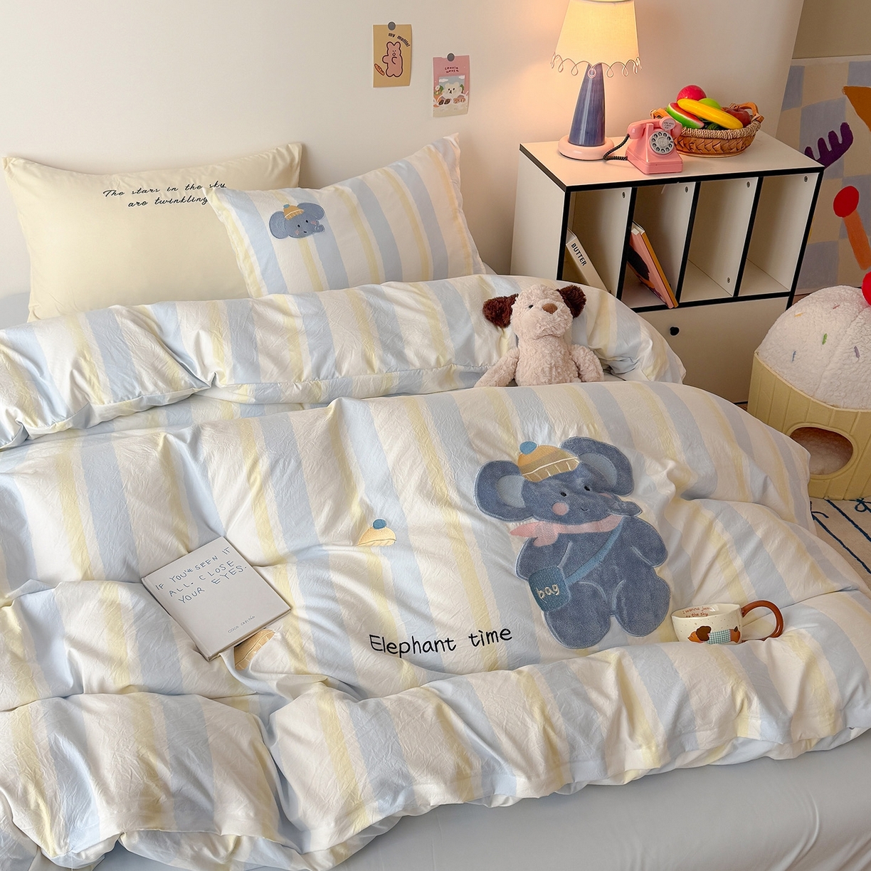 91家纺网 家纺一手货源 找家纺 吾欢心 2026春夏新款水洗棉可爱卡通贴布绣花四件套夏被四件套 萌萌小象