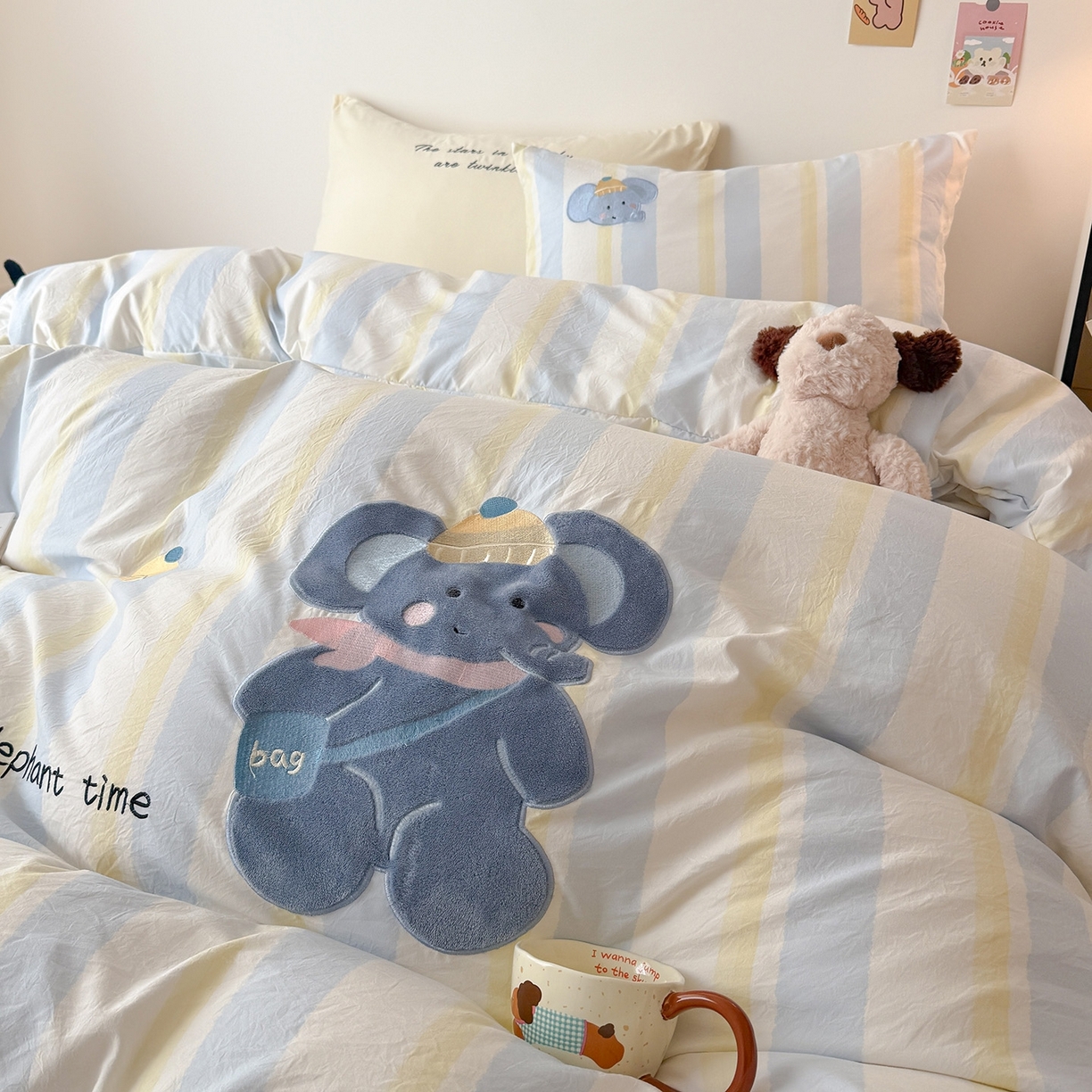 91家纺网 家纺一手货源 找家纺 吾欢心 2026春夏新款水洗棉可爱卡通贴布绣花四件套夏被四件套 萌萌小象