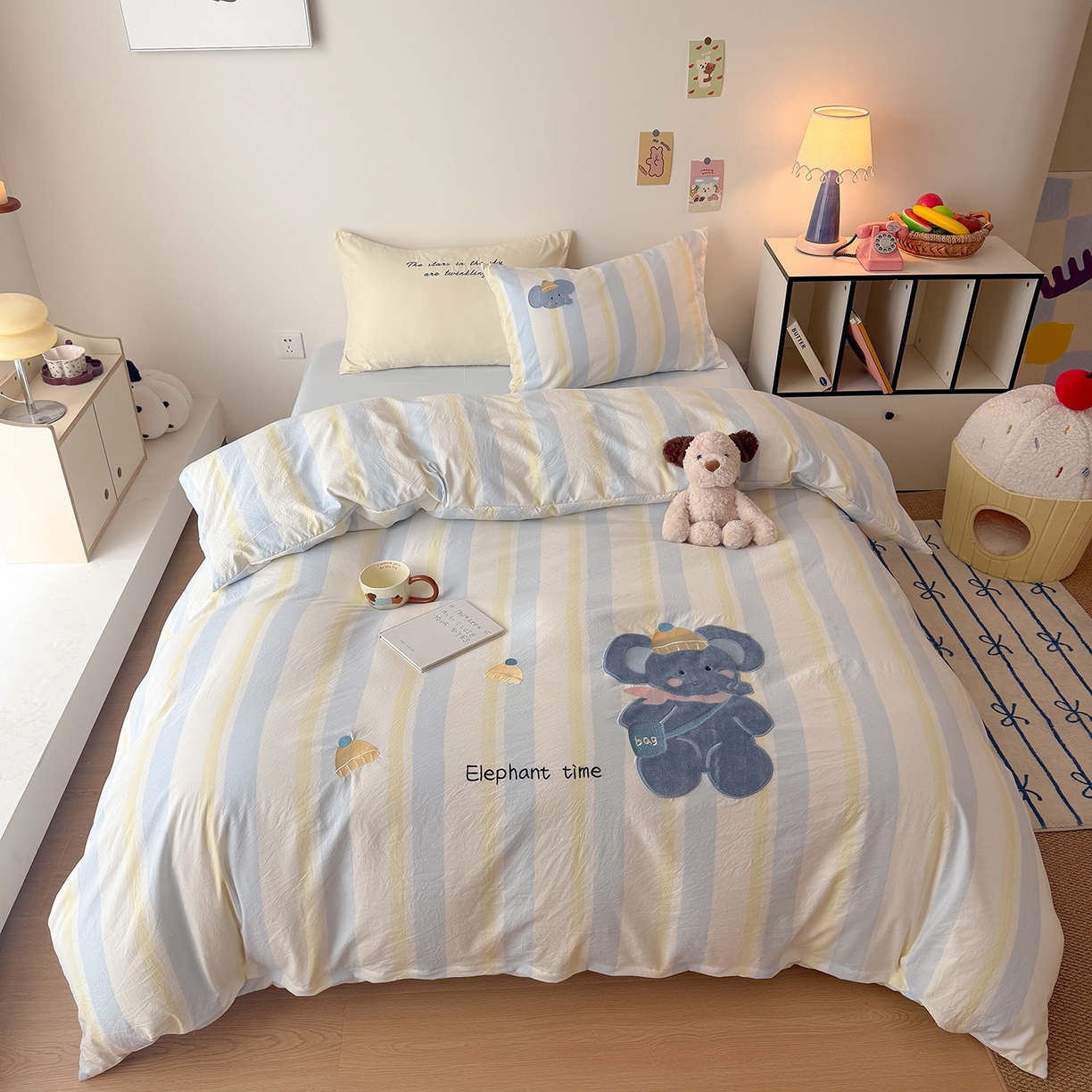 91家纺网 家纺一手货源 找家纺 吾欢心 2026春夏新款水洗棉可爱卡通贴布绣花四件套夏被四件套 萌萌小象