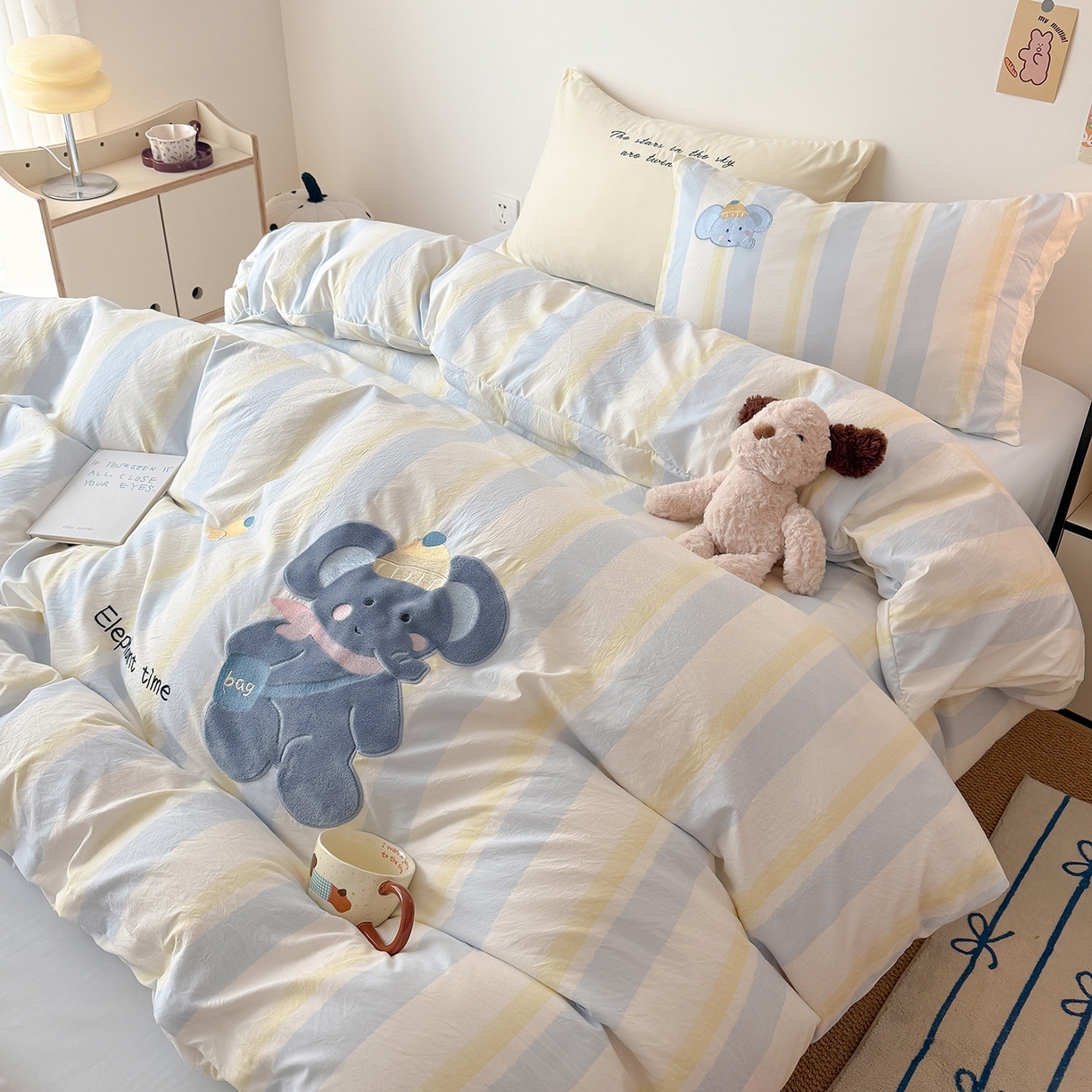 91家纺网 家纺一手货源 找家纺 吾欢心 2026春夏新款水洗棉可爱卡通贴布绣花四件套夏被四件套 萌萌小象