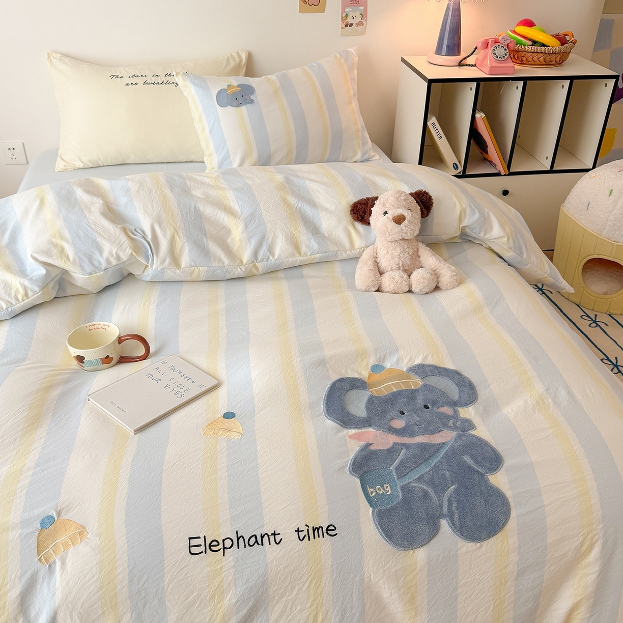 91家纺网 家纺一手货源 找家纺 吾欢心 2026春夏新款水洗棉可爱卡通贴布绣花四件套夏被四件套 萌萌小象