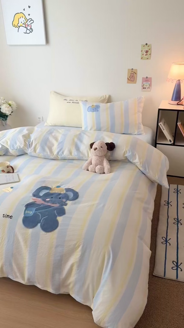 91家纺网 家纺一手货源 找家纺 吾欢心 2026春夏新款水洗棉可爱卡通贴布绣花四件套夏被四件套 萌萌小象