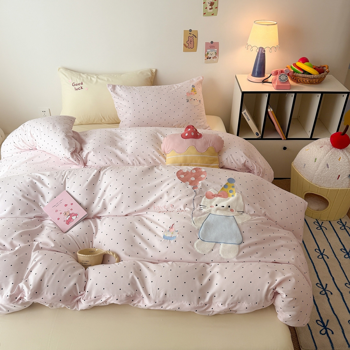 吾欢心 2026春夏新款水洗棉可爱卡通贴布绣花四件套夏被四件套 气球猫咪