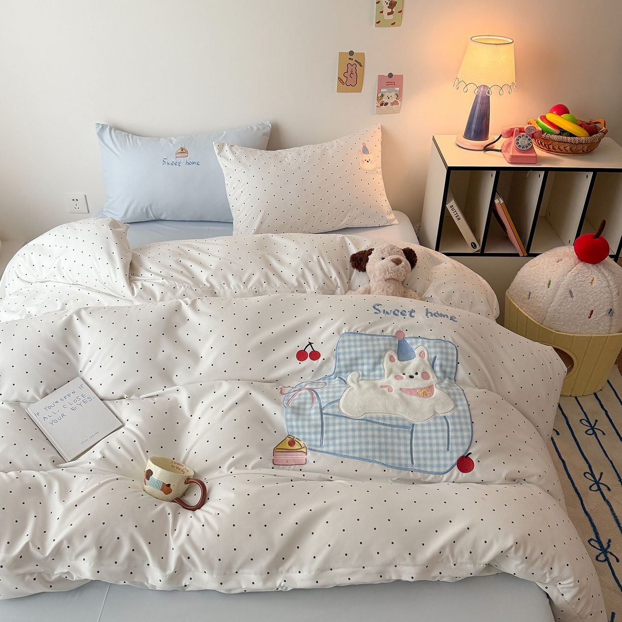 吾欢心 2026春夏新款水洗棉可爱卡通贴布绣花四件套夏被四件套 沙发狗