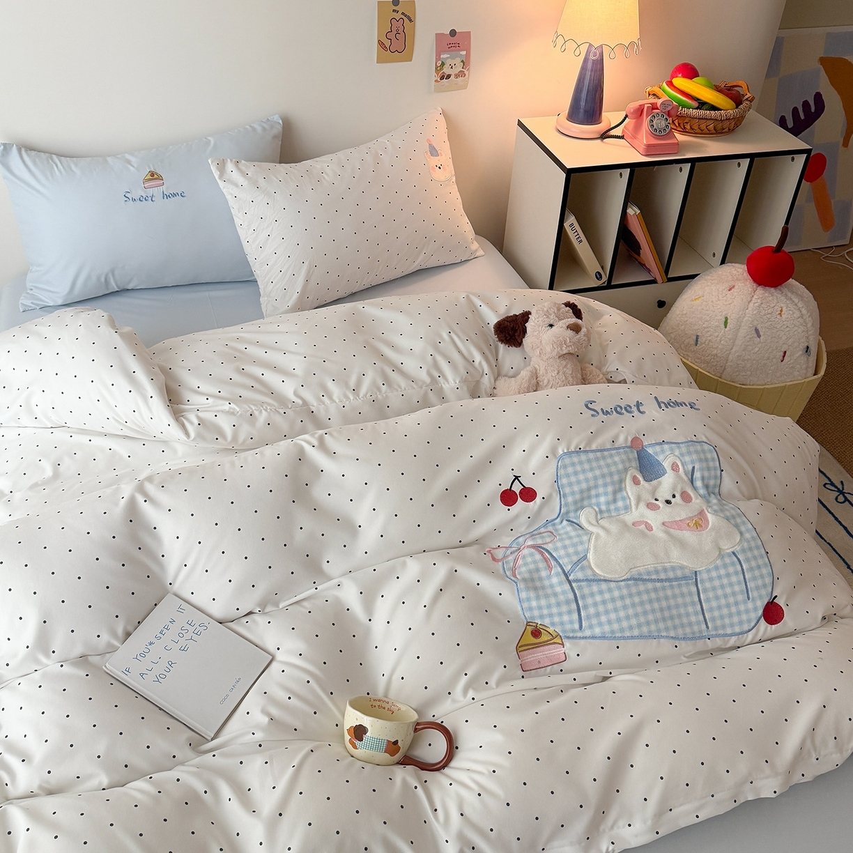 91家纺网 家纺一手货源 找家纺 吾欢心 2026春夏新款水洗棉可爱卡通贴布绣花四件套夏被四件套 沙发狗