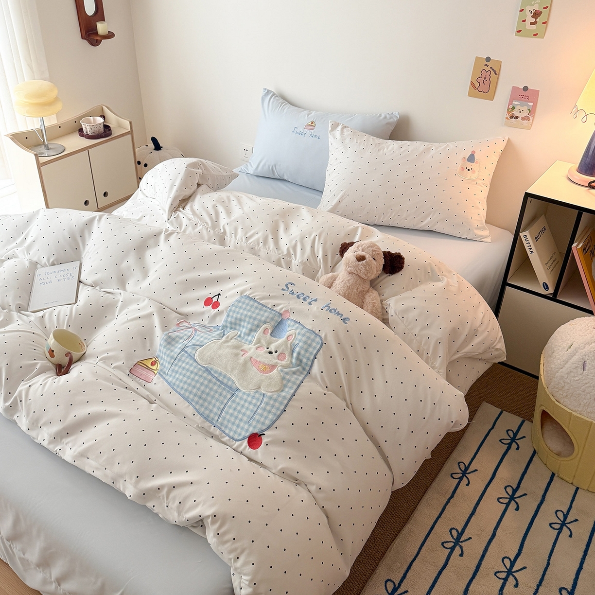 91家纺网 家纺一手货源 找家纺 吾欢心 2026春夏新款水洗棉可爱卡通贴布绣花四件套夏被四件套 沙发狗