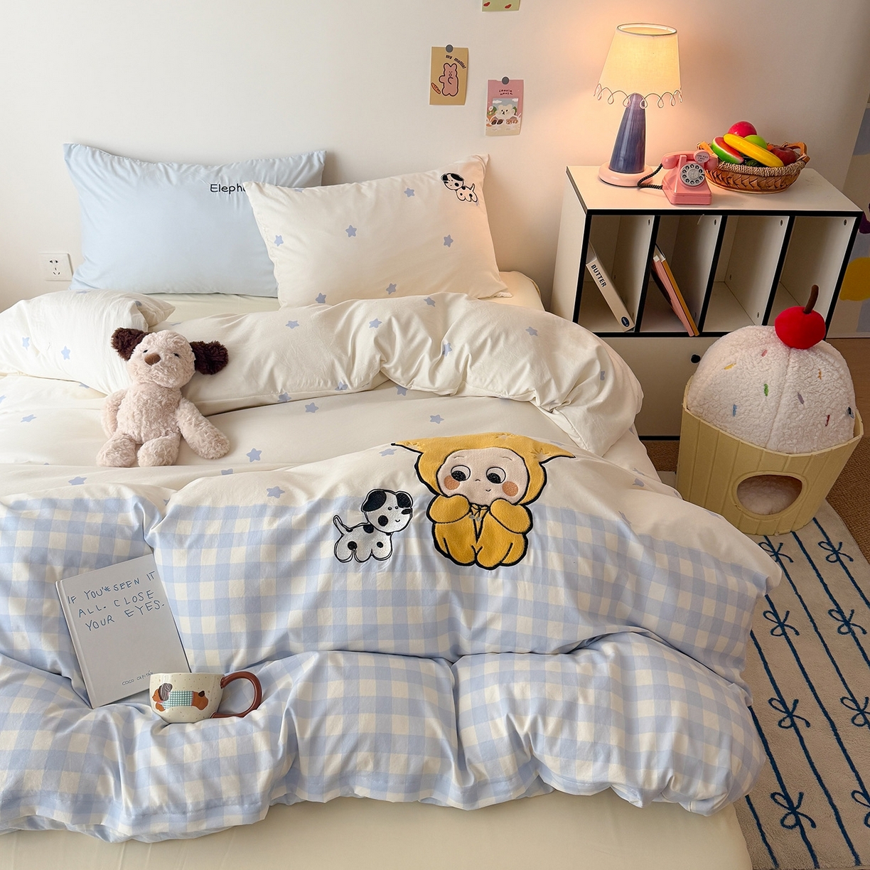 吾欢心 2026春夏新款水洗棉可爱卡通贴布绣花四件套夏被四件套 星星宝贝